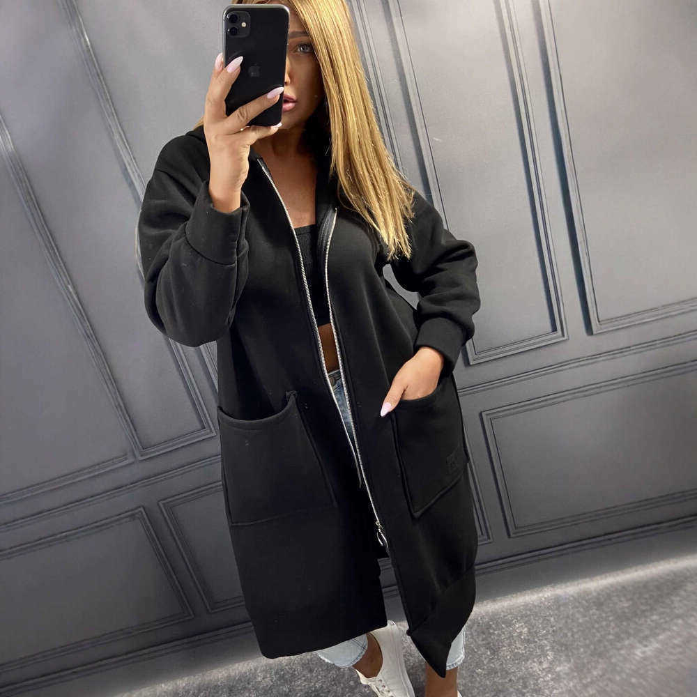 Winter Autumn New Loose Plus Size Knitted Hooded Long Dress Casual Large Pocket Sweatshirt Jacket S2609152VIP