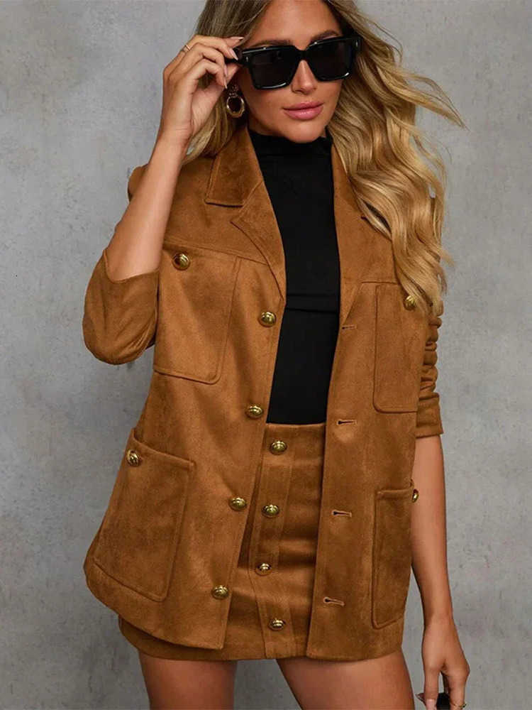 brown Elegant suede for women lapel long slved jacket with pockets mini ski suit autumn womens strt wear S260915CFT4