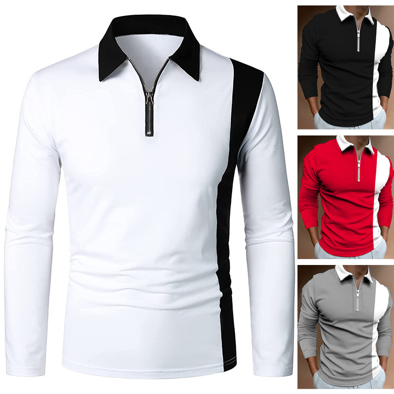 Designer Block Matching Turn Down Collar Long Sleeve Polo Shirt Two Color Splicing Fashion Men's Clothing bd