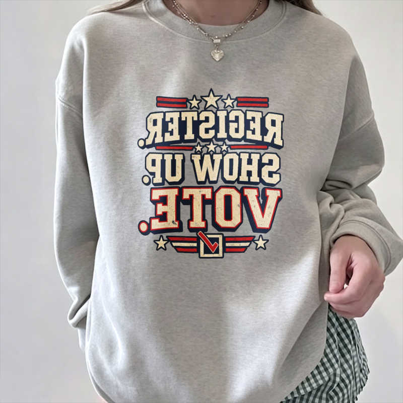 Show Up Vote Register Star Check Mark Patriotic Letter Graphic Print Sweatshirt Women Casual Pullover Vintage Streetwear D260915