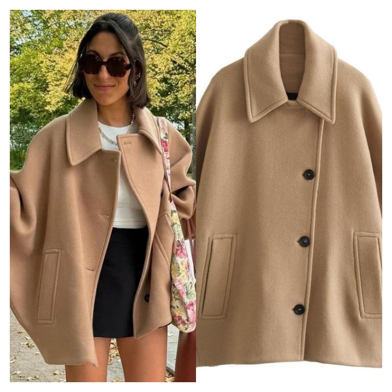 Veste en laine à simple boutonnage et col cranté pour femme, épaules tombantes, manches longues, manteau d'hiver, poches latérales plaquées, drap