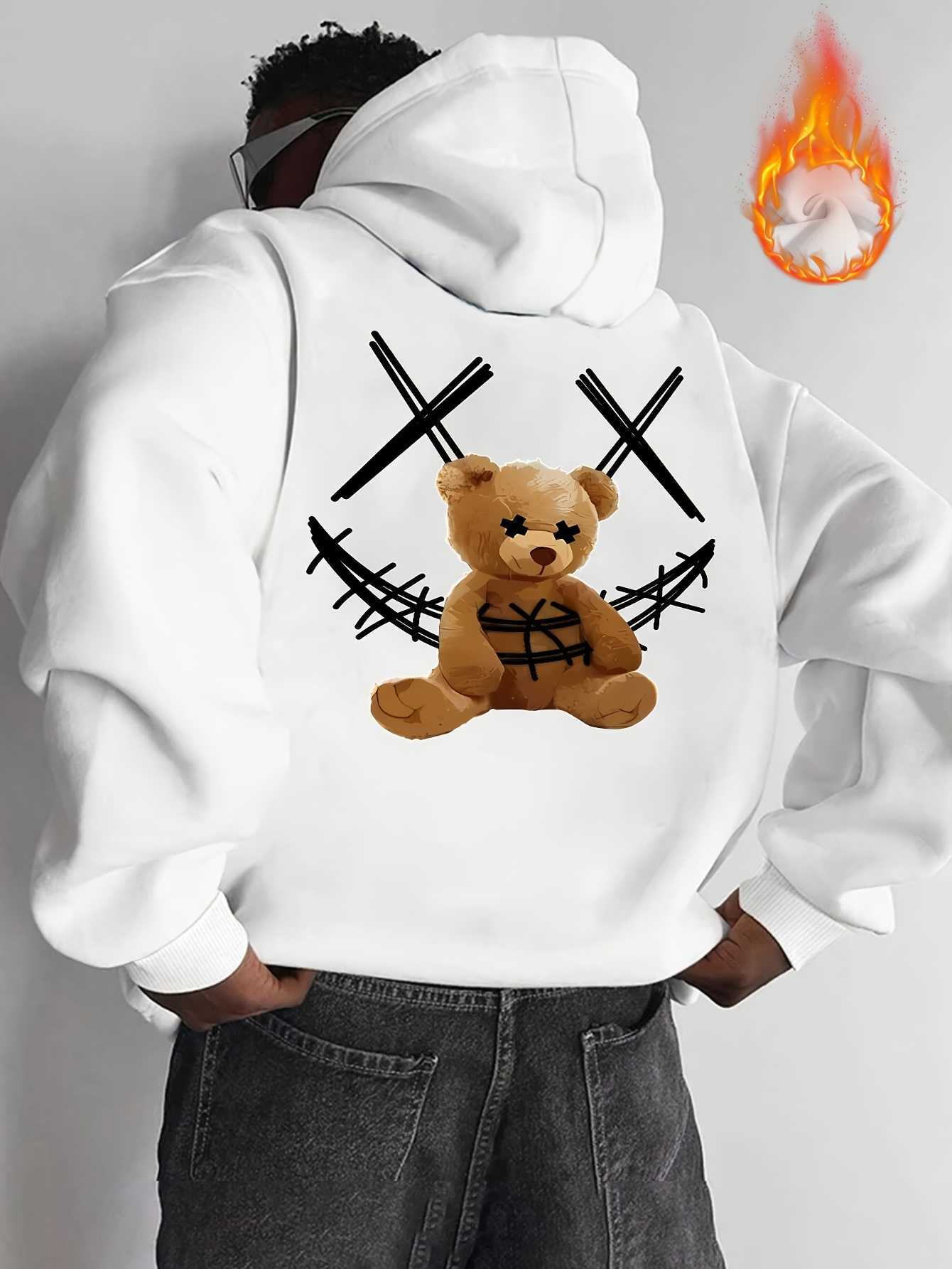 Bear Men's Teddy Autumn-Winter Stitched Pattern Printed Pullover withHood andInnerVersatileSportyCasualLooseHooded Sweater D260915