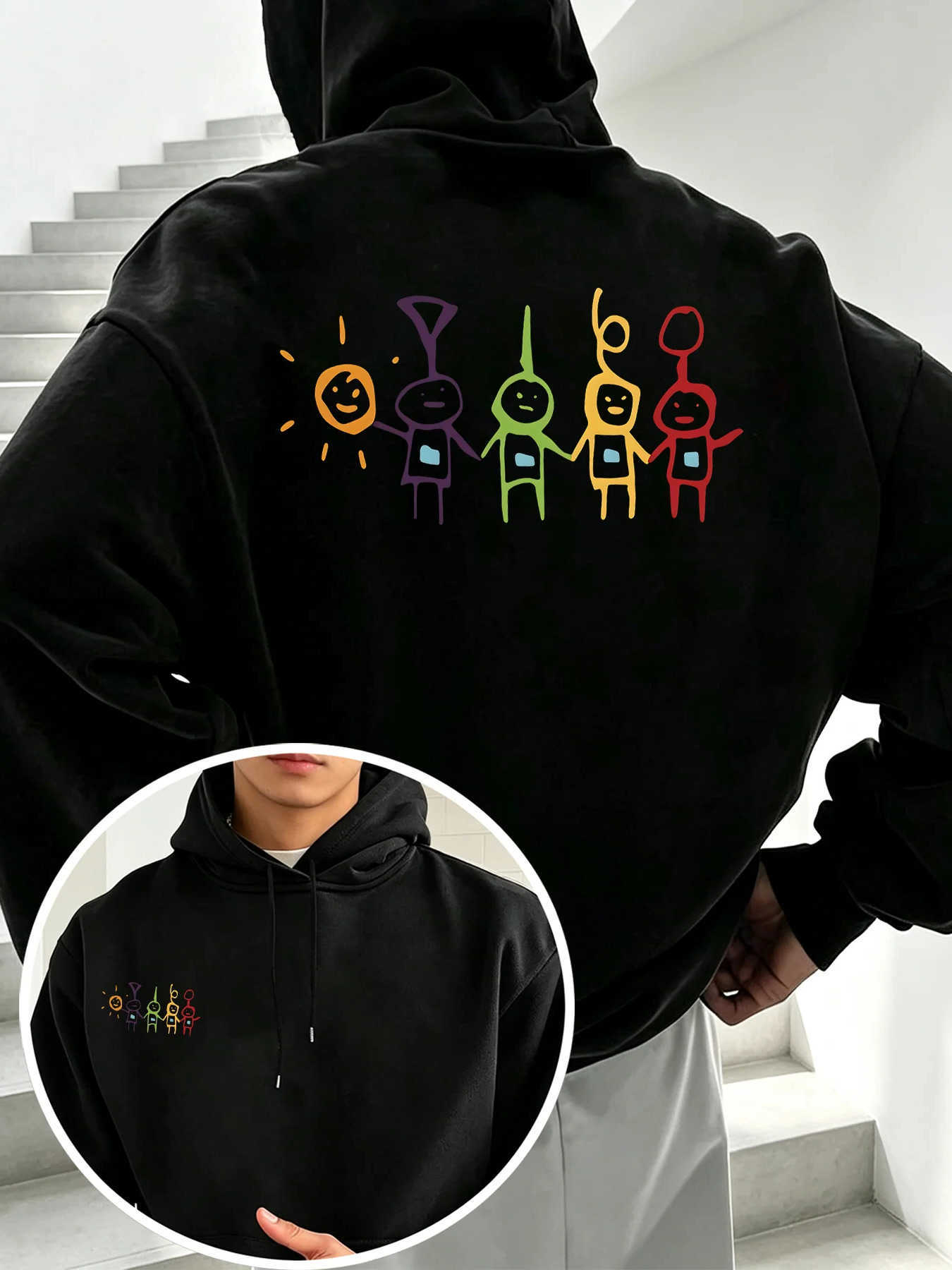 Cartoon Men's Hip Hop Hoodie Stick Figure Graphic Chest Back Print Hand Drawn Street Art Sweatshirt Unisex Winter D260915