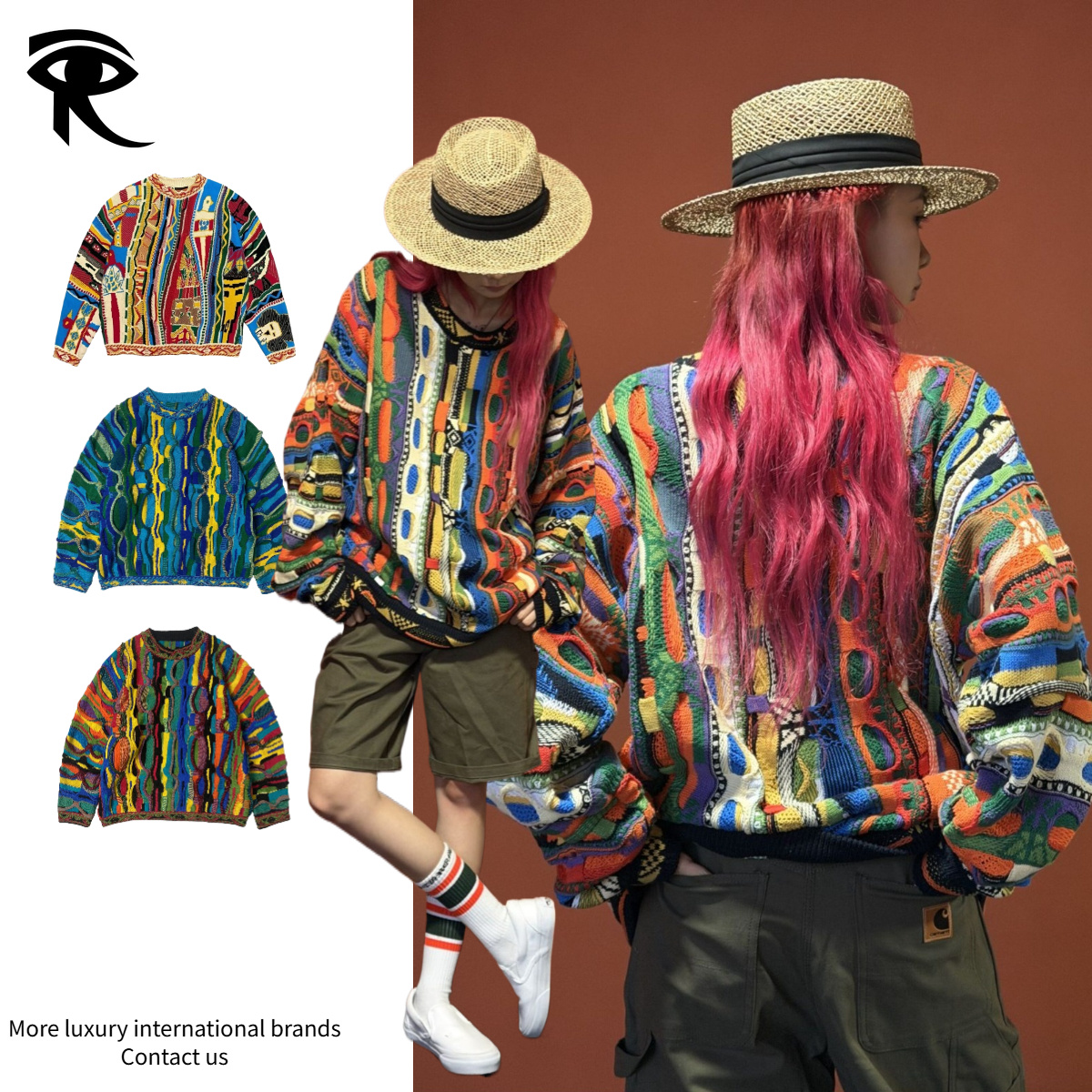 Unisex Vintage 90s Coogi Style 3d Textured Crewneck Sweater Colorful Knit Pullover Streetwear Retro Colorful Abstract Print Sweater Pullover