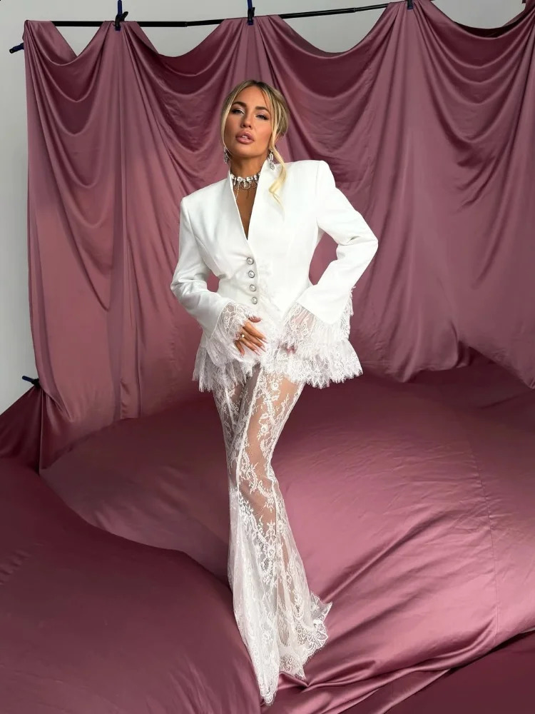 Sexy Lace Blazer Pants Women Set Casual V-neck Single Breasted Coat See Through Trousers Sets 2026 Autumn Winter Lady Suit 260914