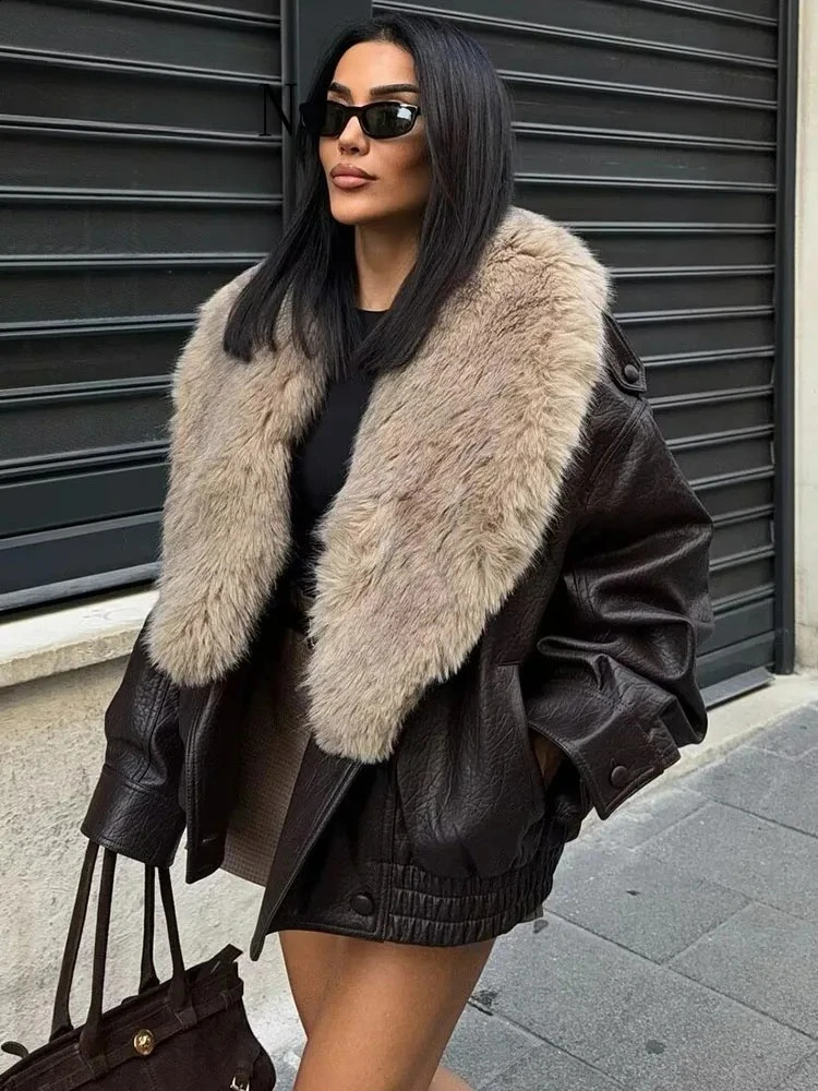 2026 Winter Women Loose Faux Leather Jacket Fashion Removed Big Fur Collar Causal Coat High Street Double Breasted Outwear 260908