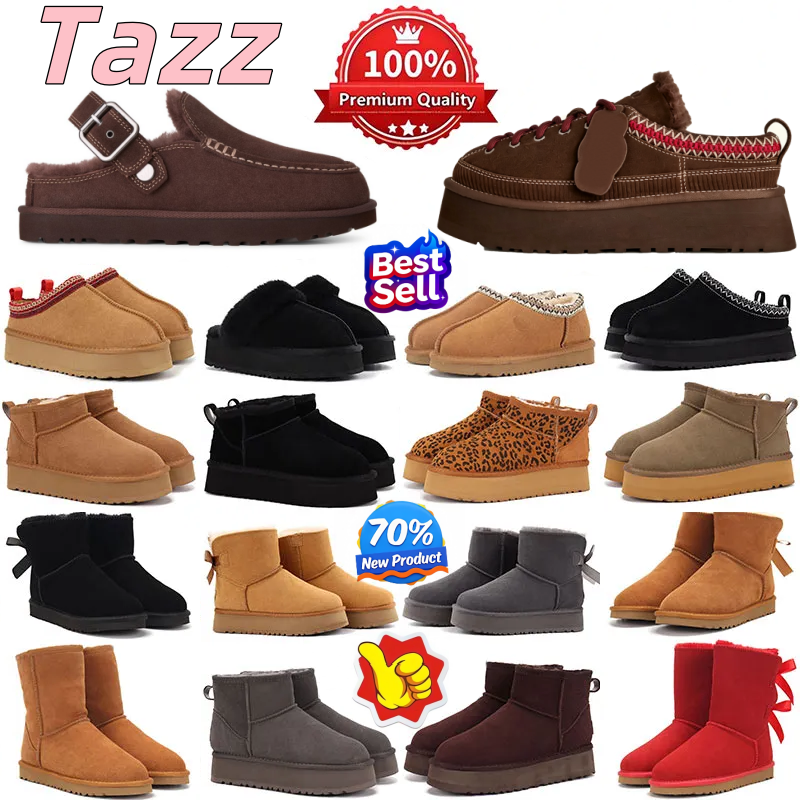 2026 new womens designer boots tazzman tazz slipper winter fur Warm Plush Lined booties slippers Clog snow warm platform women classic shoes chestnu