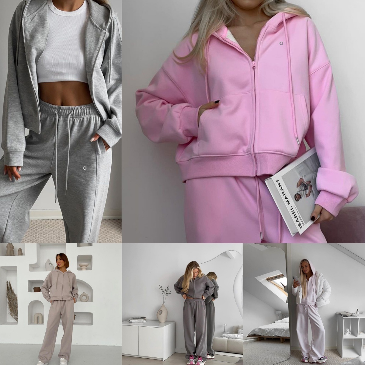 2911AO 3D Silver Womens Zip Hood Cardigan Set Lace Up Trousers Casual Two Piece Outfit Fashion Hoodie Loose Pants Set Workout Set Gym Clothes Women