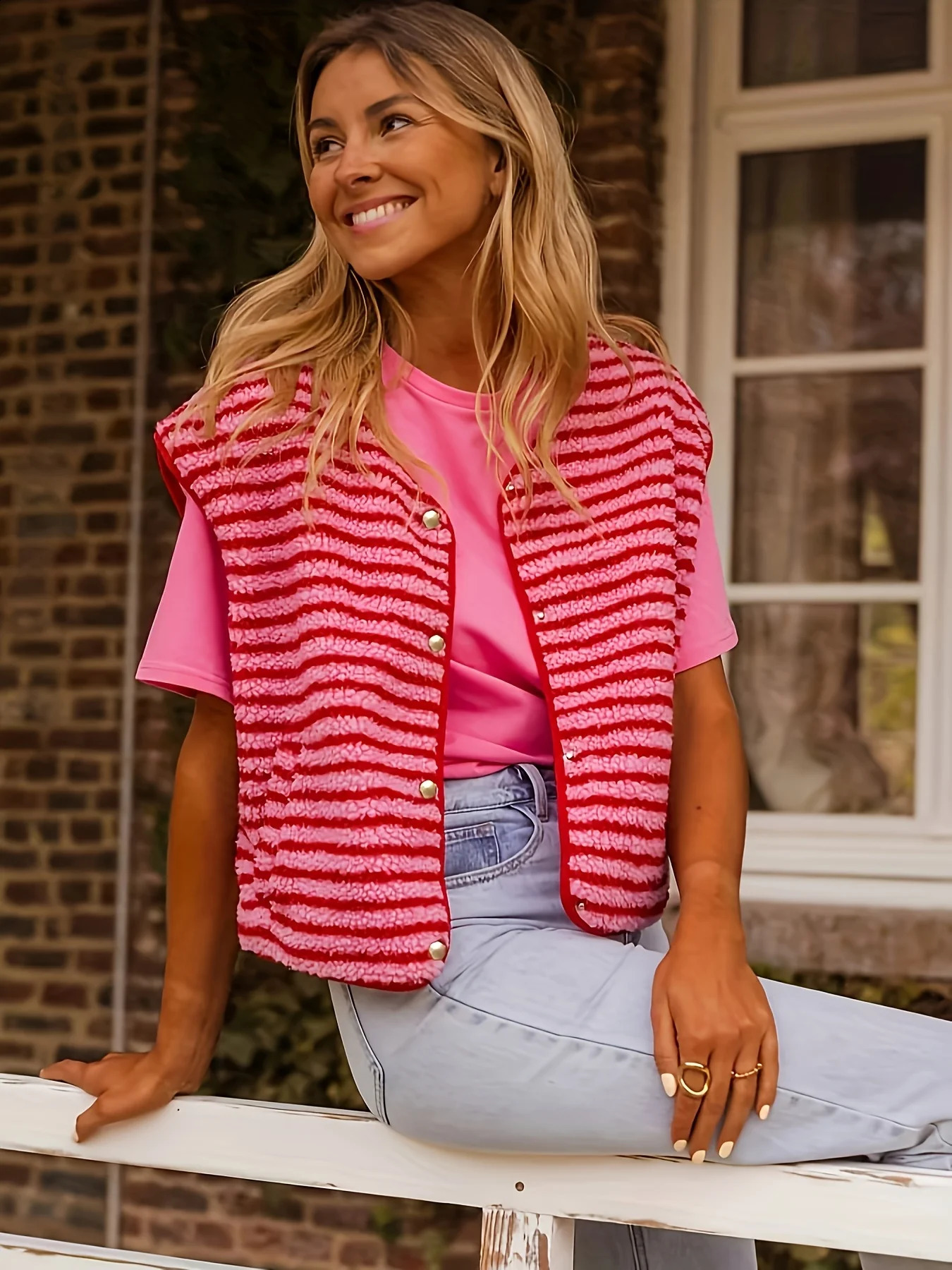 Womens Red Pink Striped Fuzzy Vest Casual Loose ButtonFront Sleeveless Open Stitch Top 260914