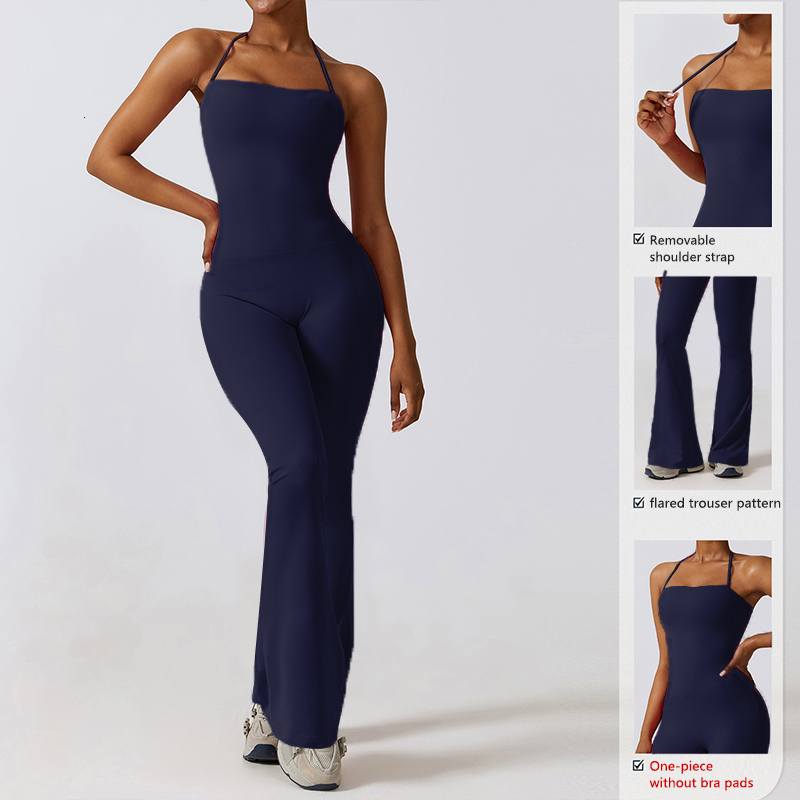 New Summer Women Sleeveless Yoga Jumpsuit Female Gym Flared Overalls Neck-hanging Backless Sportswear Sport Outfit For Woman 26Y0915