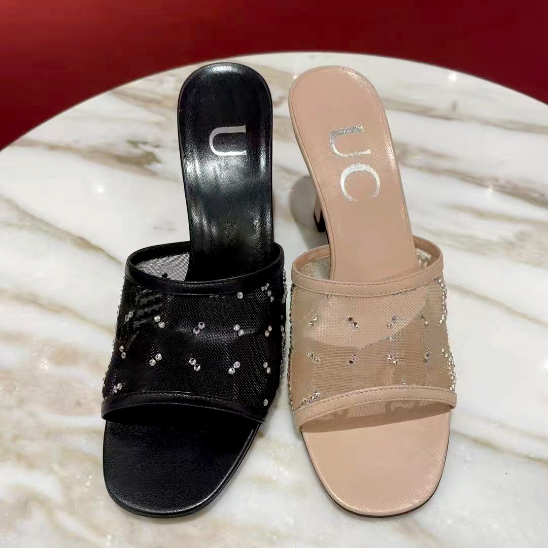 2026ss New Women heels Sandals Stiletto open toe Mules Sexy Party luxury Designer Heel Mesh Rhinestone Slipper Top quality Dress shoe Fashion High h