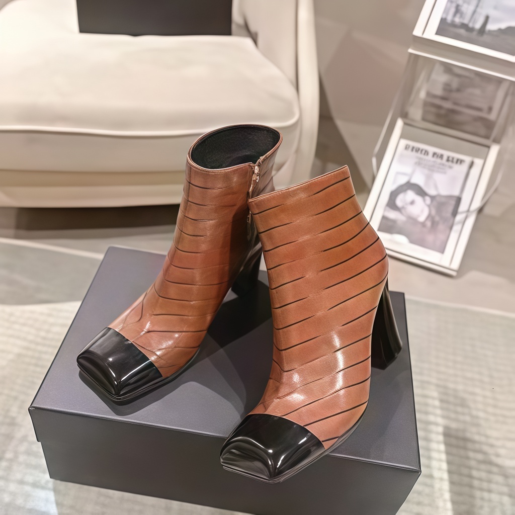 Ankle Boots Luxury Designer Shoe Women Patent Croc Embossed Leather Cap Toe Black Beige Side Zipper Stiletto Heel Crystal Gold Trim Evening Party Fa