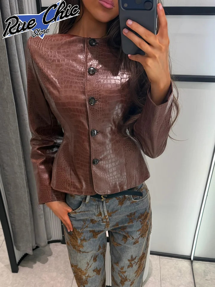 Solid Cropped Pu Leather Jacket Chic Stand Collar Wide Flare Sleeves Wrap Open Front Coats 2026 Autumn Loose Outwear 260908