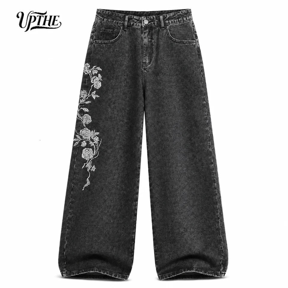 UPTHE Men Vintage Washed Black Baggy Wide Leg Jeans Y2K Oversized Loose White Rose Vine Denim Pants Gothic 260914