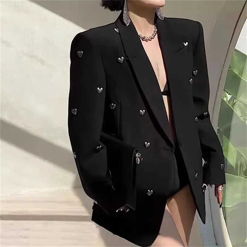 Autumn Spring Black Heavy Industry Dia-encrusted Suit Jacket Female Sense Minority Strt Blazer 240826 S260915LEKD