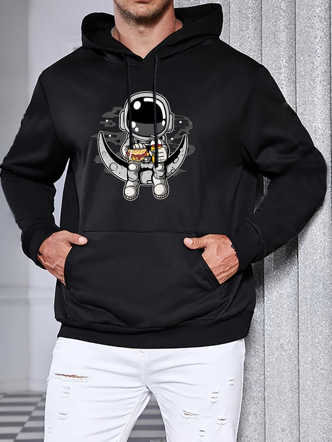 Space Theme Hoodie Cute Mens Astronaut Sitting On Moon With Burger Graphic Print Longsleeve Pullover Hooded Sweatshirt Casual Daily Tops D260915