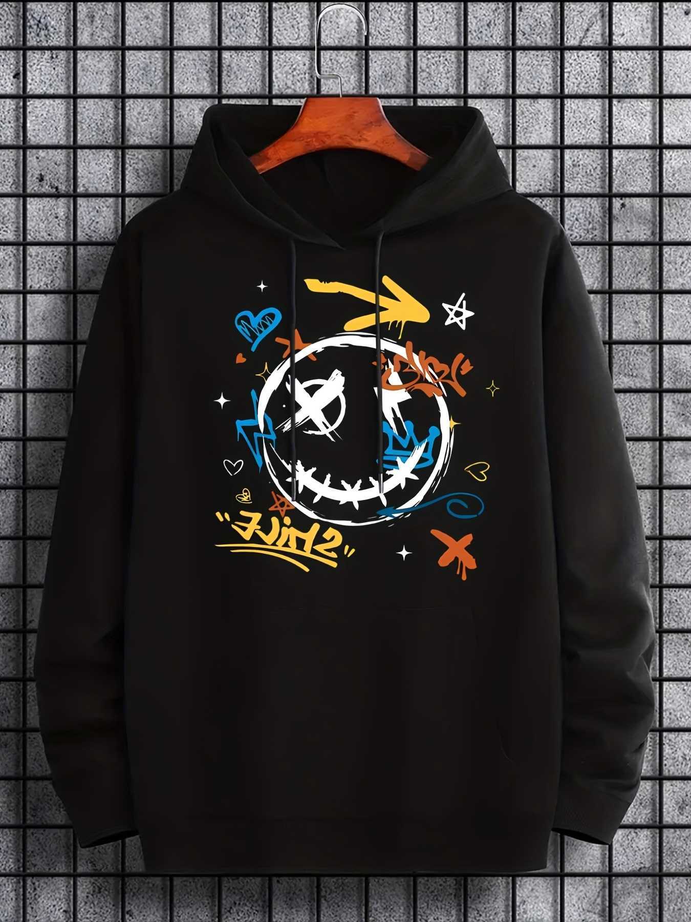 for Urban Graffiti Graphic Hoodie Men Smile Love Street Art Text Front-Print Drawstring Pullover Sweatshirt Kangaroo Pocket Casual Hip-Hop Tops D260