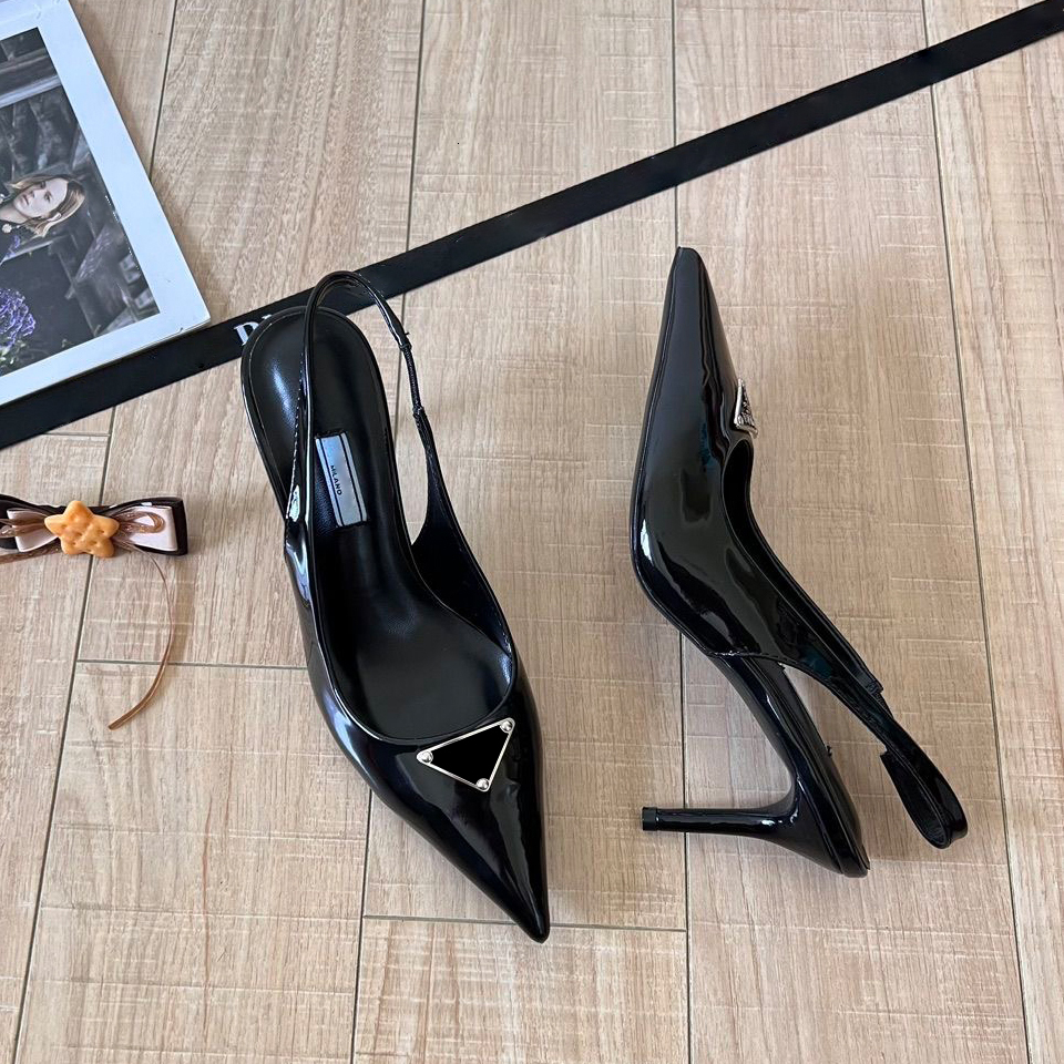 Stiletto High Heel Slingback Damen Luxus Designer Sandale Lackleder Heels Metall Dreieck Spitze Zehen Kleid Schuhe Pumps Hausschuhe