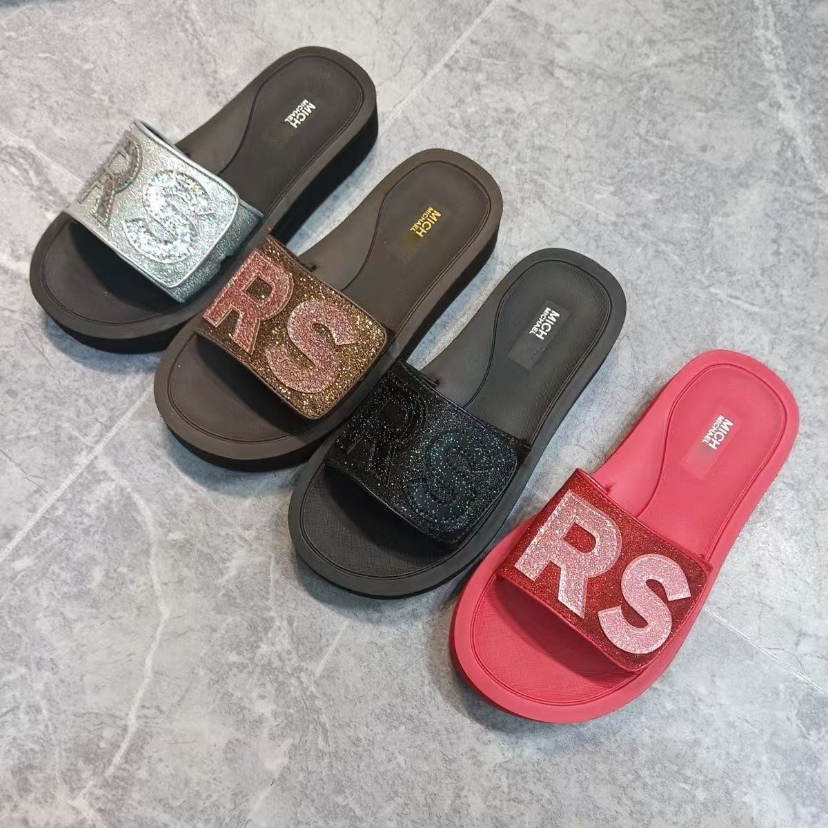 Michaels flat Glitter Platform Slide Women Glittered Thick Tread Slippers MK sandal 2026ss New Summer Beach pool luxury Designer casual Home shoe ta