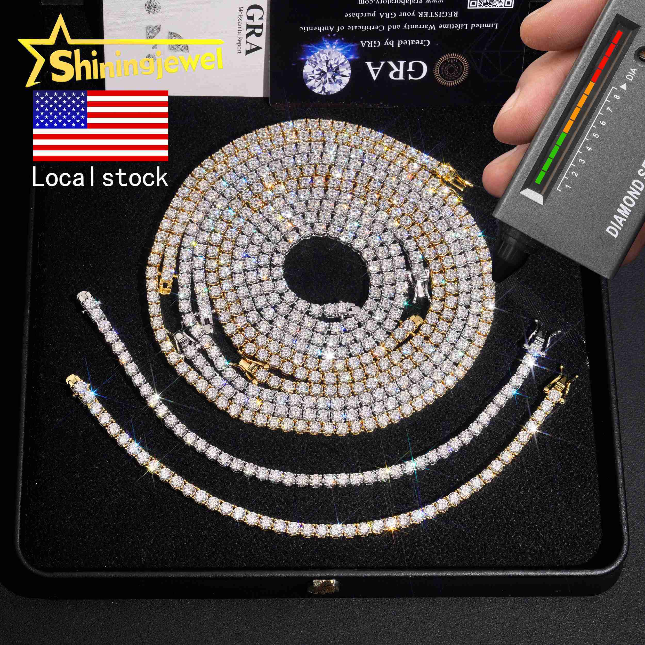 4mm Diamond Fast Shipping USA Warehouse Iced Out Bracelet 925 Silver Hip Hop VVS D Moissanite Jewelry Tennis Chain Necklace