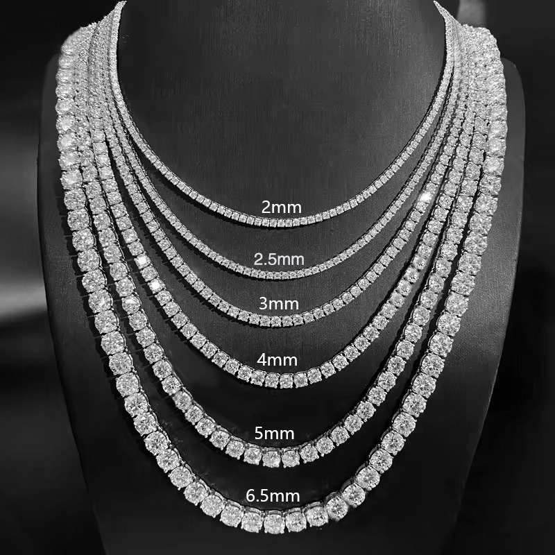 Hip Hop Moissanite Tennis Necklace 2mm 2.5mm 3mm 4mm 5mm 6mm 6.5mm Round Cut S925 Sterling Silver Luxury Jewelry Wholesale