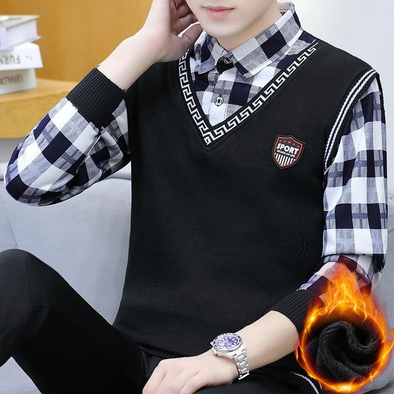 Autumn Winter Plaid Sweaters Polo Collar Pullover Slim Fit Man Clothes Plush Warm Jumpers Thick 2 Piece Shirts 260914