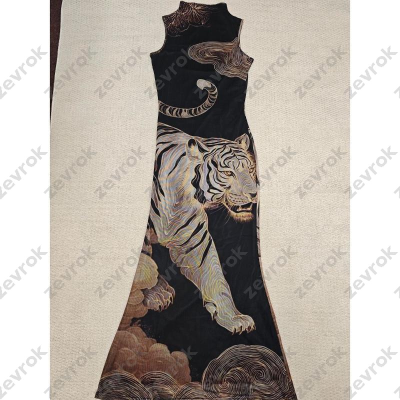 Designer New Chinese Style Black Tiger Cloud Print Sleeveless Qipao Dress Mesh Slim Fit Bodycon Mermaid Cheongsam Stage Wear