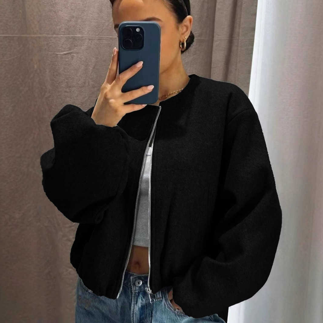 Women's Autumn Baseball Bomber Jacket Strt Style Round Neck Drop Shoulder Lantern Zipper Coat S26091549M1