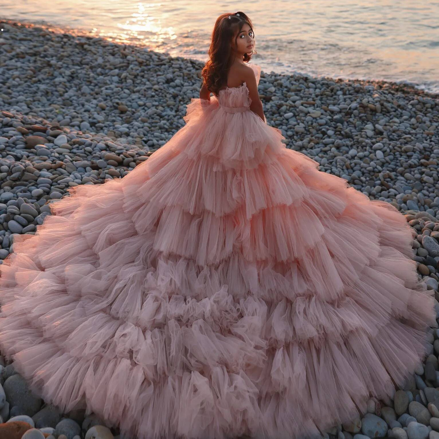 Blush Pink High Low Flower Girl For Beach Wedding Kids Strapless Party Girls Pageant Dresses Princess Birthday Photoshoot