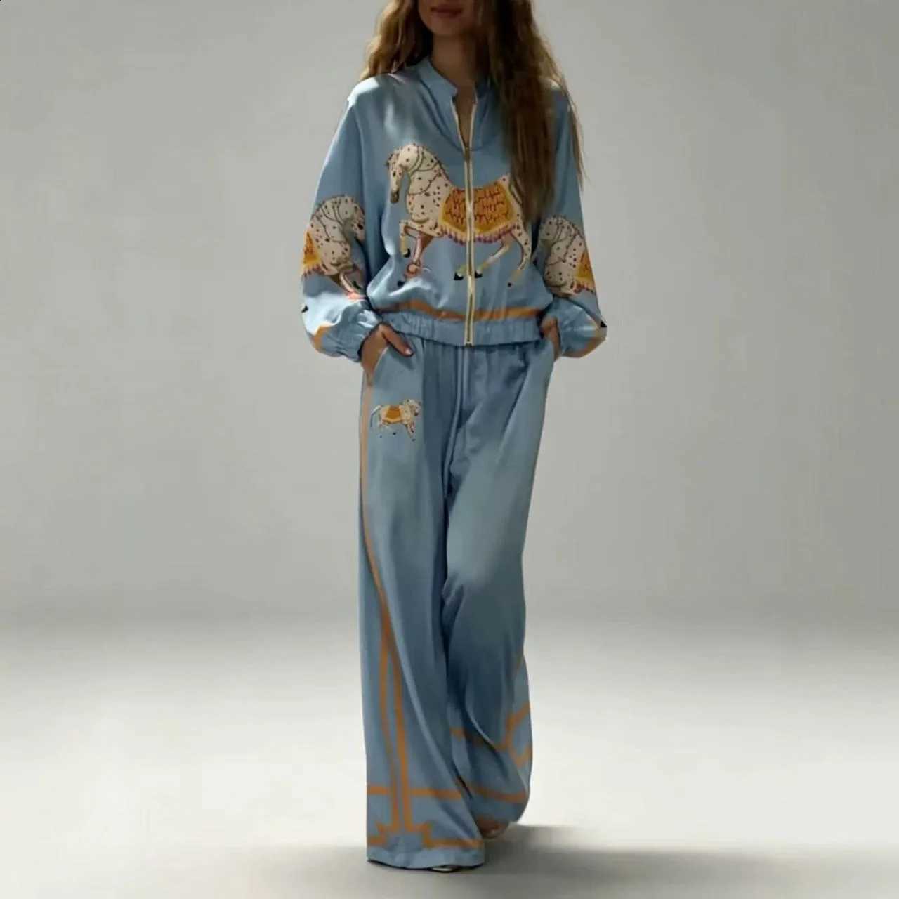 Sportswear Women 2-piece Retro Satin Set With Horse Print Zipper Stand Up Collar Drawstring Wide Leg Pants Elegant Home Suit Set N260914