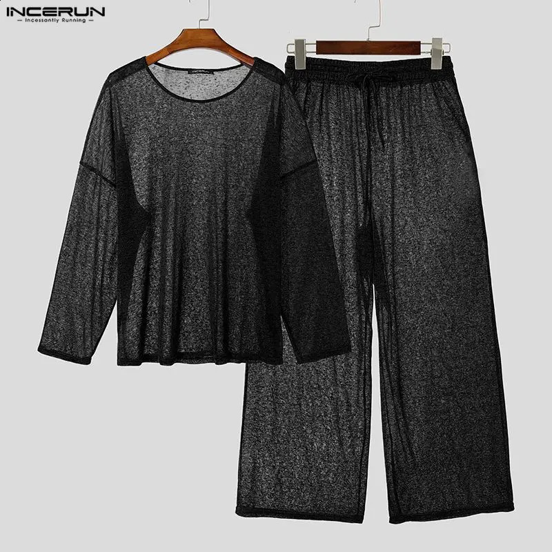 INCERUN Mens Sets Solid Color Loose See Through Long Sleeve T Shirt Pants Two Piece Streetwear Casual Men Matching 260914