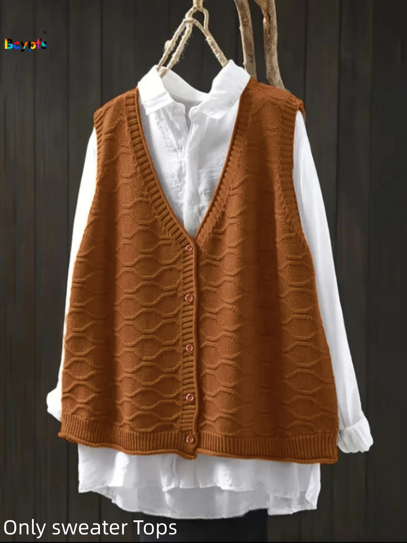 2026 Womens Knitted Vest Sweater Daily Casual Commute InnerOuter Wear Caramel Brown VNeck Cardigan WavyTextureLooseKnit Top 260914