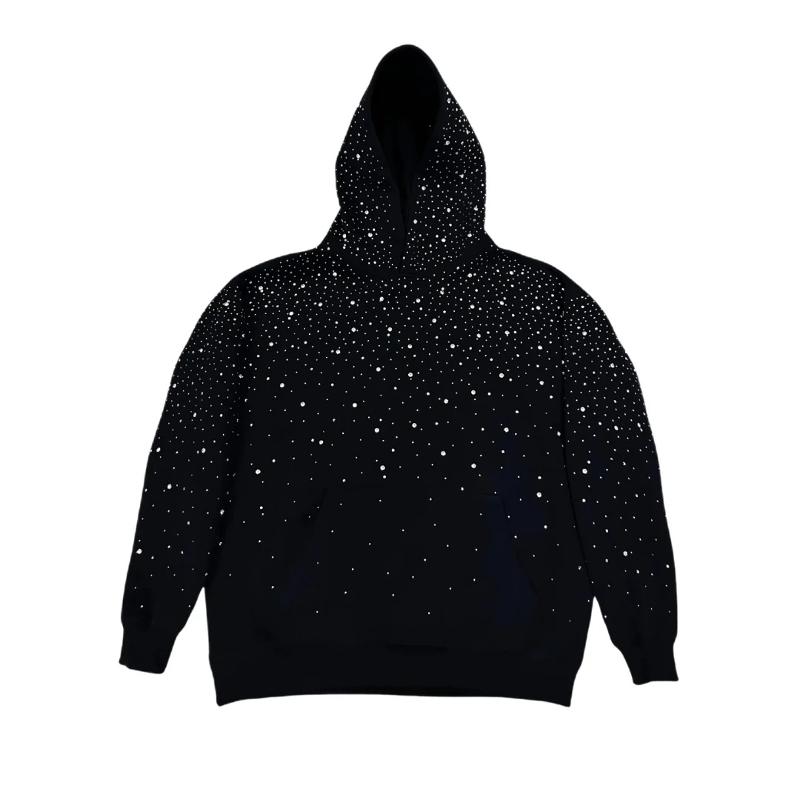Veste à capuche ample zippée pour hommes, col à capuche, manches longues, poches plaquées latérales, détail de strass éparpillés, vêtements d'ext