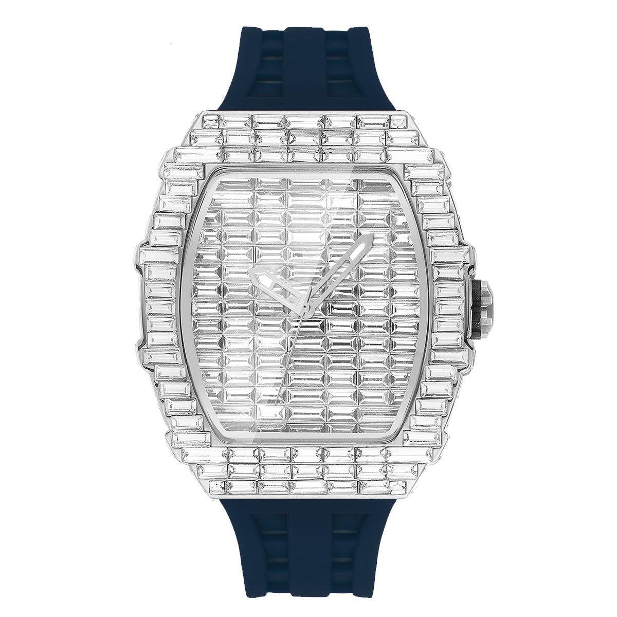 Mens Tonneau Watch Baguette Crystal Full Ice Out Silver Case Black Silicone Strap Hip Hop Luxury Fashion Sport Wristwatch