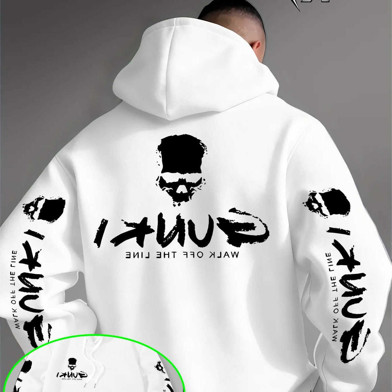 Walk Men's Skull Hoodie Graffiti Off The Line Graphic Back sleeve Print Loose Pocket Pullover Sweatshirt Street Punk Streetwear D260915