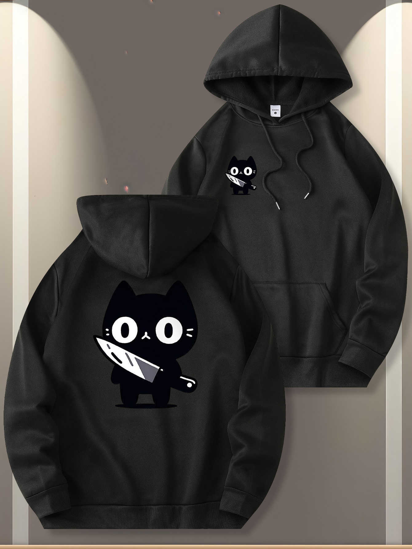 and Women's Matching Double-sided Men's Printed Hooded Sweatshirt with Cute CartoonBlackCat PatternPulloverCasualLoose Fit Style D260915