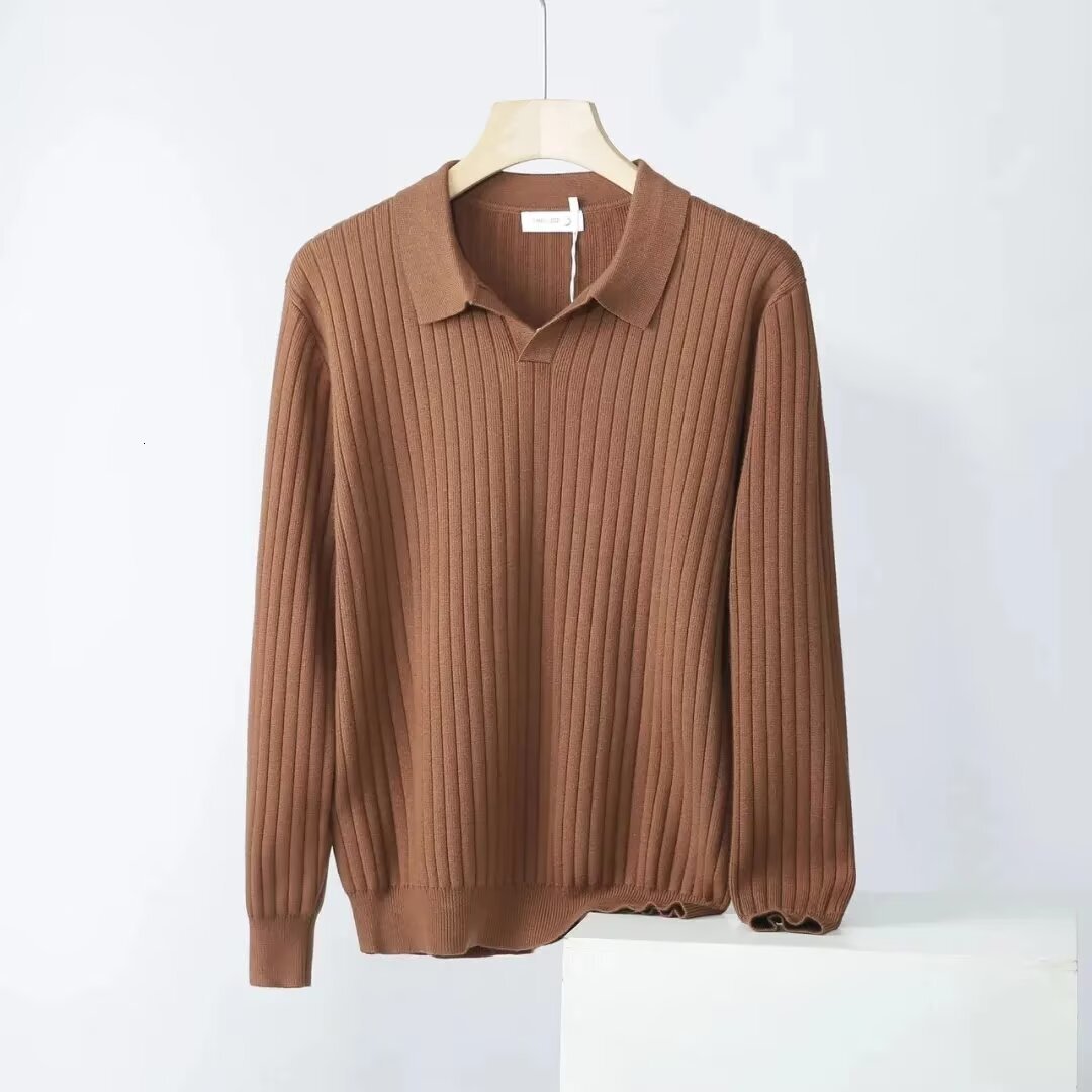 Designer Retro solid color POLO collar knitted sweater new early autumn men's stylish slim fit base shirt top 59