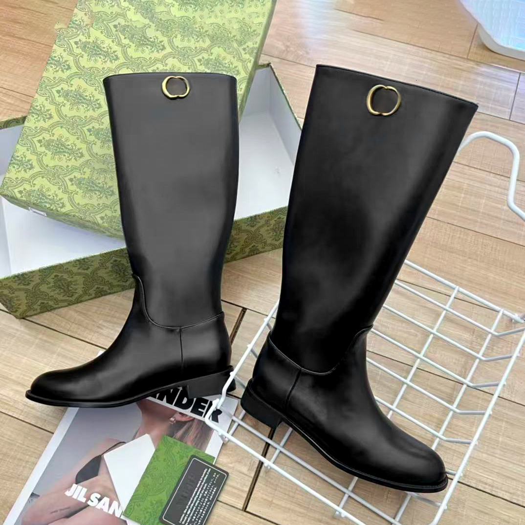 Women Winter Casual Riding Boots Round Toe Smooth Leather Knee High boot Gold Metal logo luxury Designer Fashion Booties Low Block Heel Side Zipper