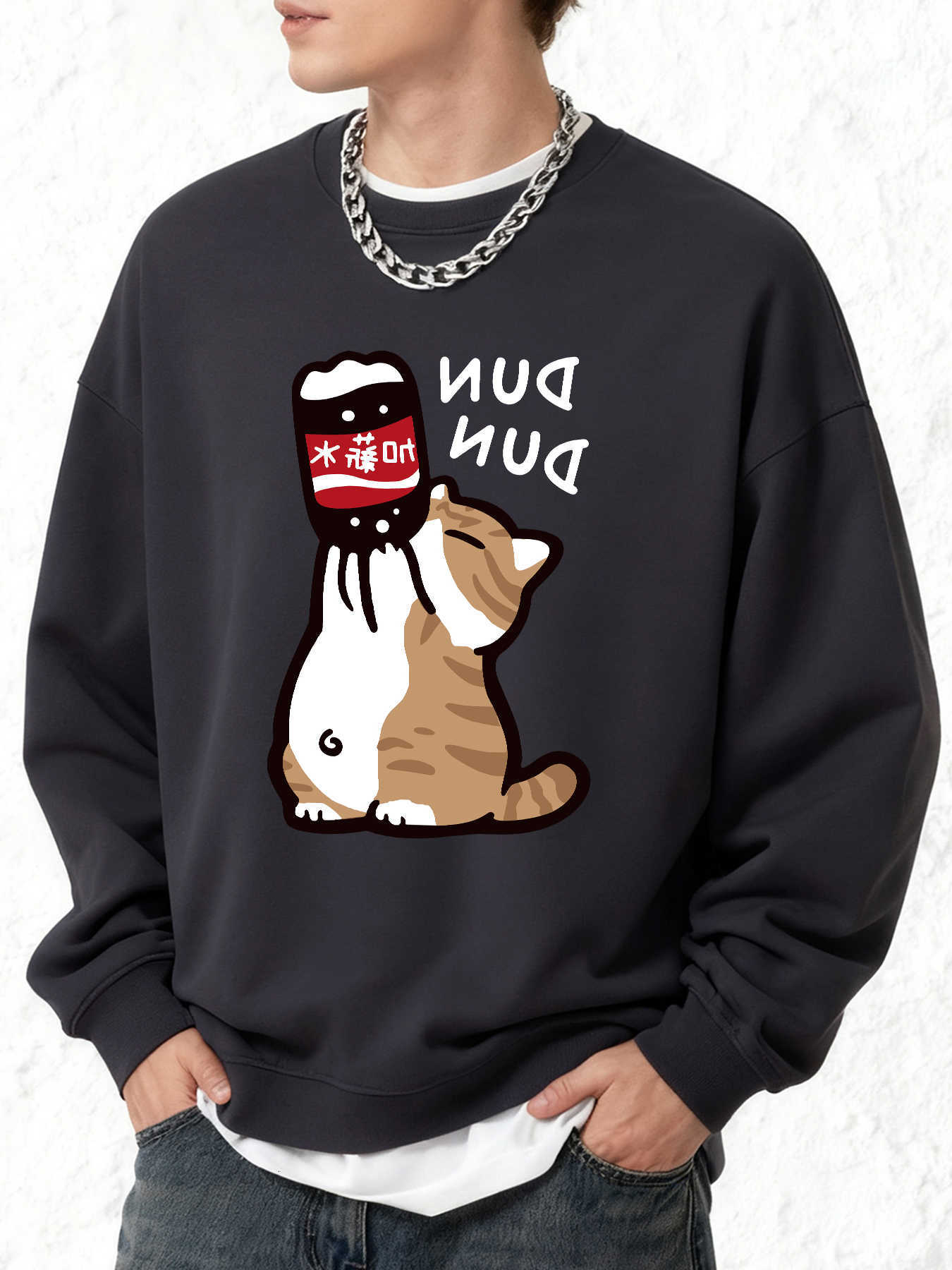And Big Mouth Cat With Cola Male Sweatshirt Casual Cartoon Long sleeve Fashion All-Match Clothing Loose Autumn Pullover D260915
