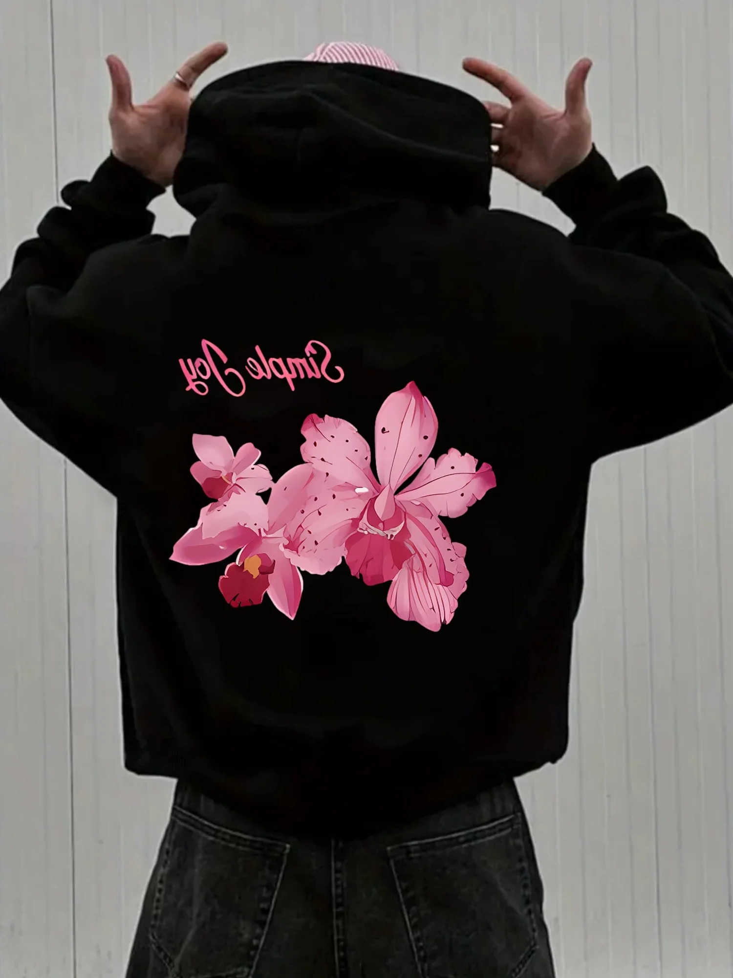 hooded printed Men's sweater patterned with simple and cheerful slogan on the backfleecpullover for autumn andwinterstreet style D260915