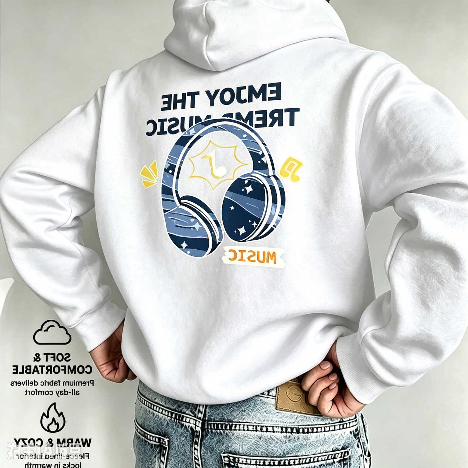 printed music headphones Men's trendy graphic hooded sweatshirt - Sporty casual street style hooded top - Music lover loose fit D260915