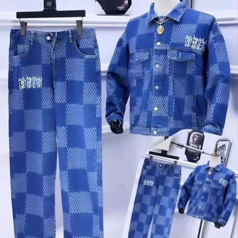 Luxury Brand Designer Clothes Men Blue Denim Two Piece Set Embroidery Letter Denim Jacket And Straight Leg Jeans Casual Streetwear Outfit
