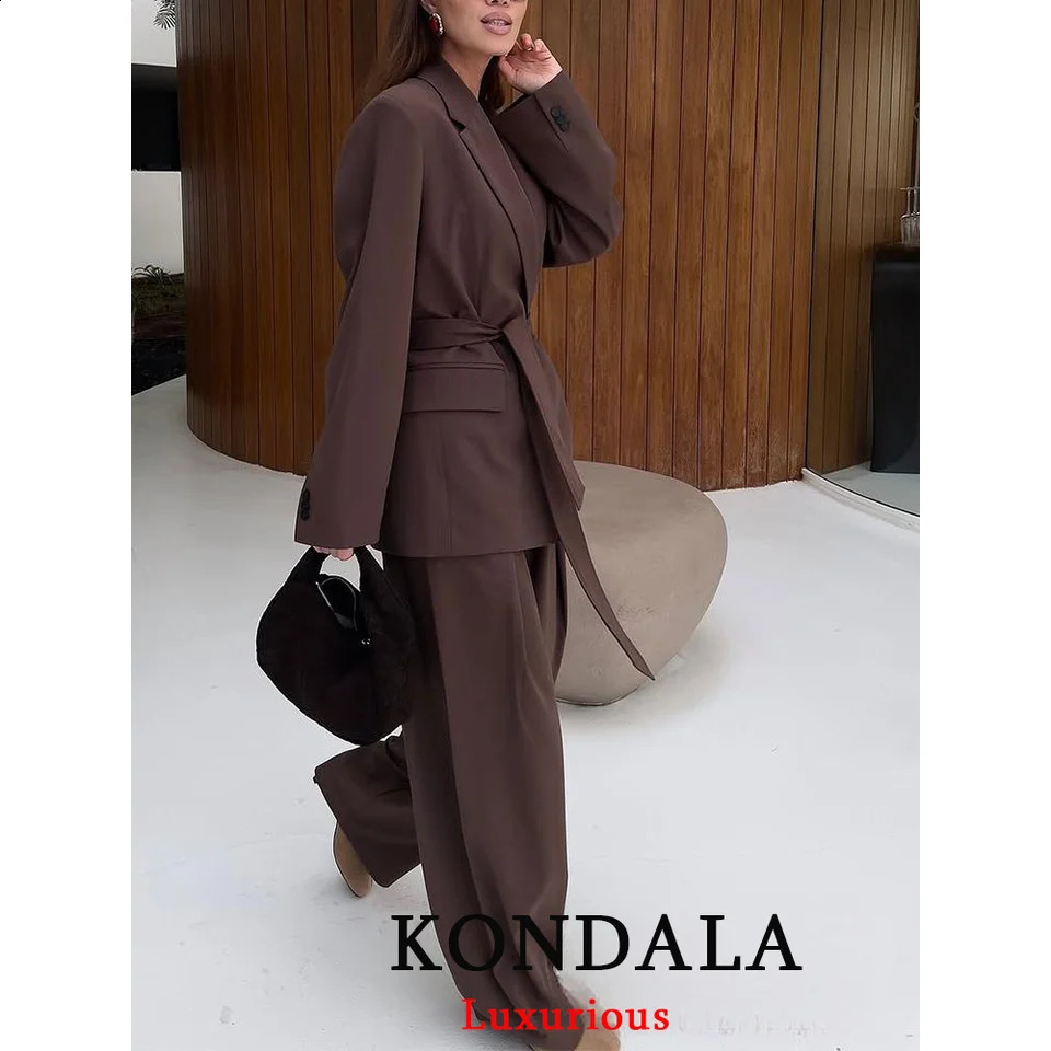 KONDALA Office Lady Casual Chic Solid Women Suit Single Button Sashes Loose Blazer Zipper Pants Fashion Autumn Winter Sets 260914