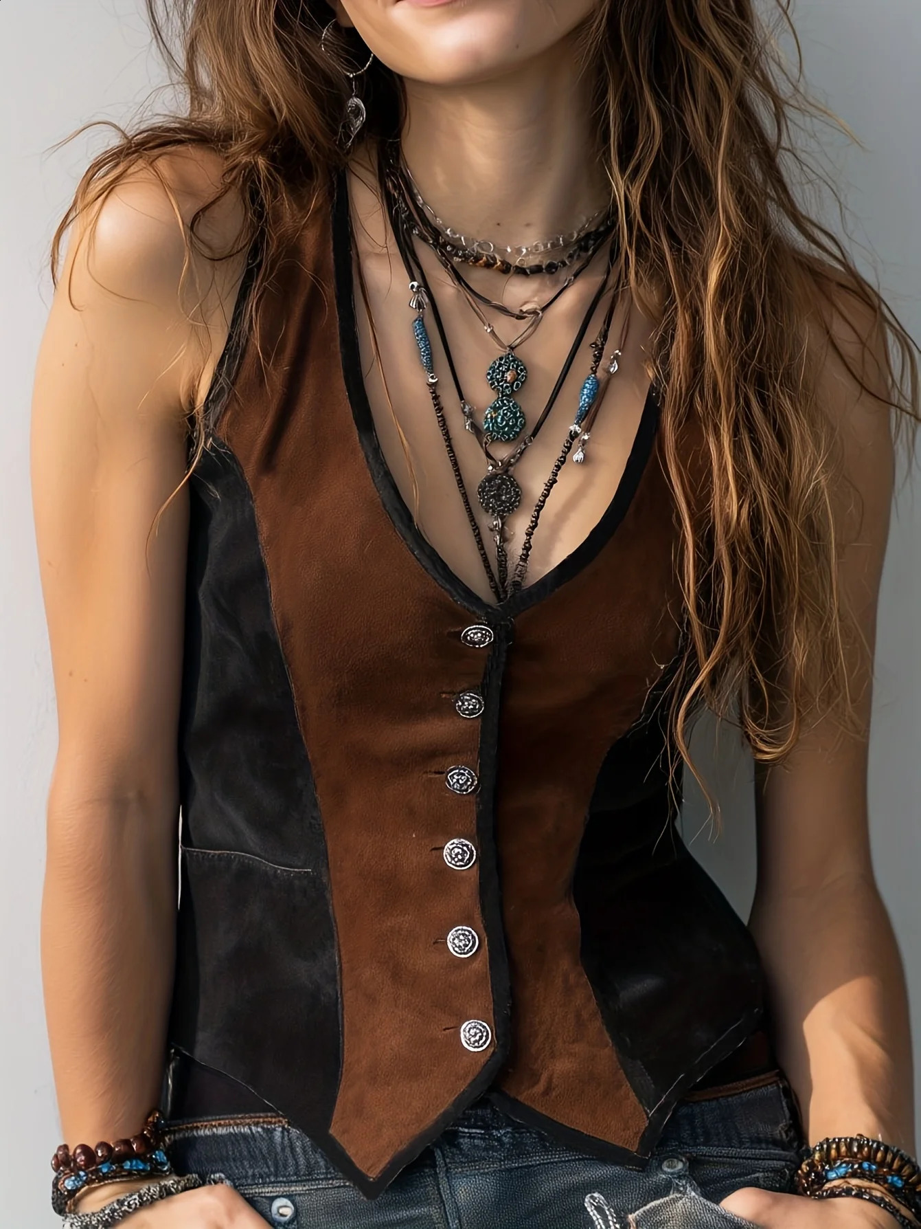 Womens Spring and Autumn Retro Colorblock Trim Faux Fur Vest 260914
