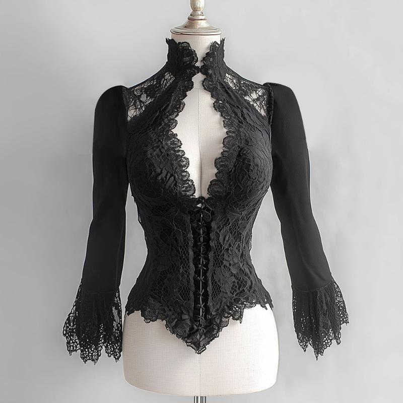 Chemisier de styliste en dentelle noire pour femmes, Y2K, col rond, coupe cintrée, manches longues de princesse, épaules dénudées, haut de soirée