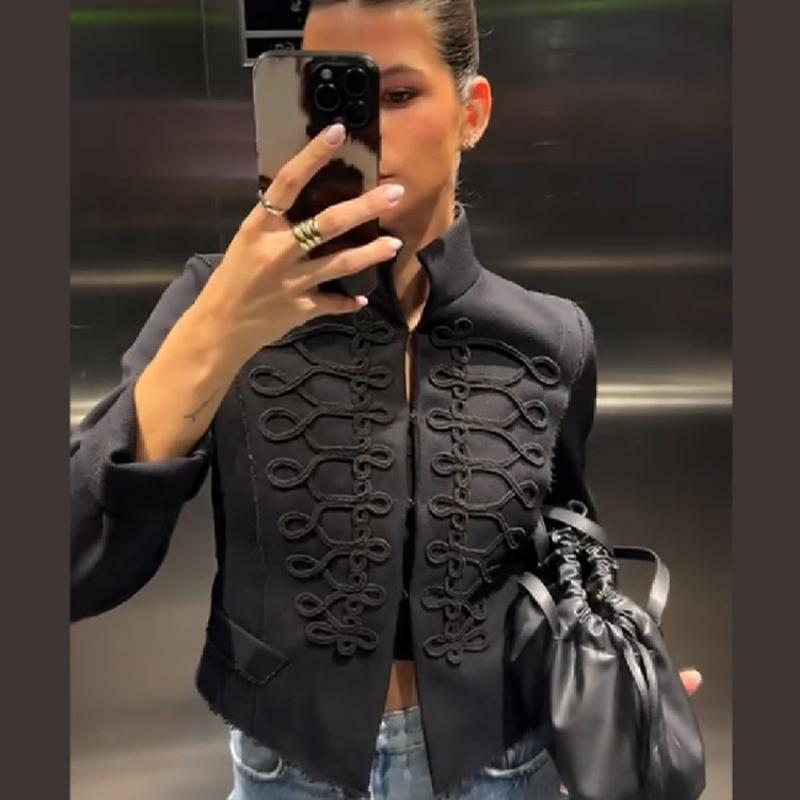 Designer Women Black Stand Collar Blazer with Shoulder Pads Knot Button Slim Fit Long Sleeve New Chinese Style Suit Jacket Formal Coat