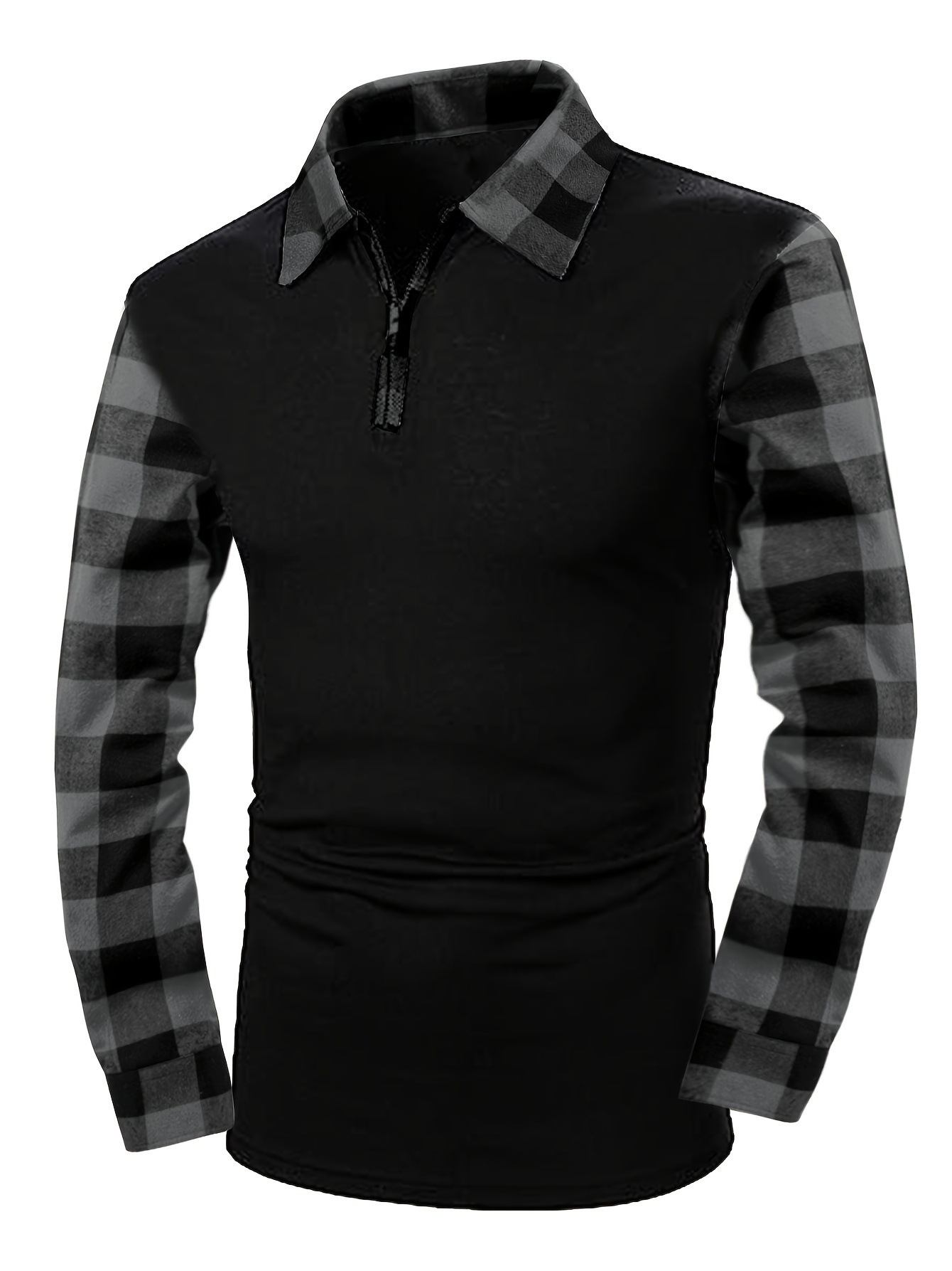 Designer best selling European and American size men's long sleeve flannel plaid collar polo shirt with half zip 63