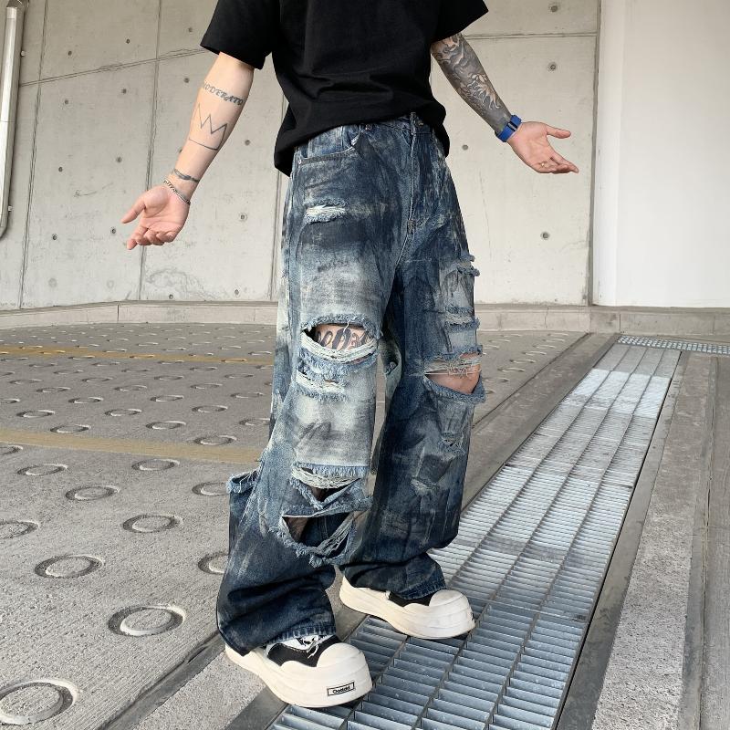 Jean déchiré pour hommes, Baggy, jambe droite, Hip Hop, Streetwear, Vintage, bleu, taille moyenne, léger, extensible, pantalons décontractés d'ét