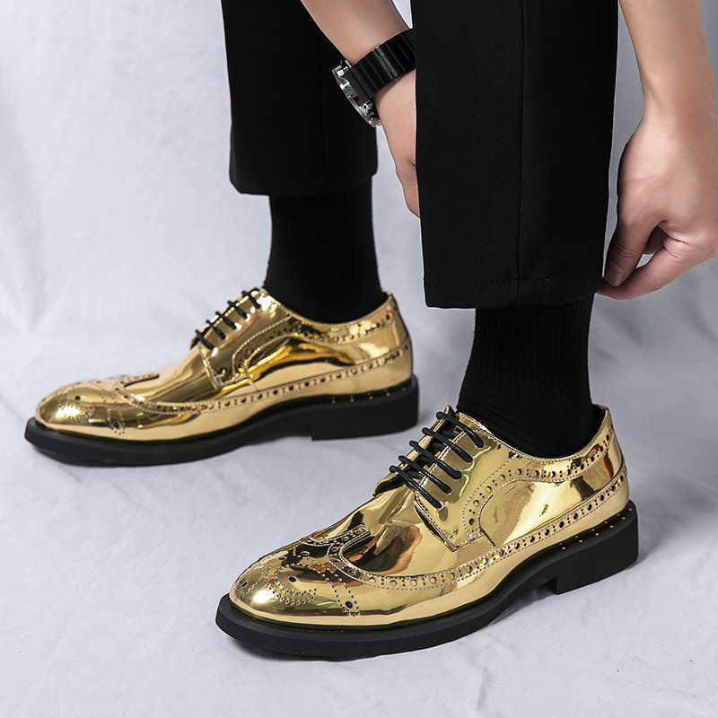 large-sized shiny Men's Korean-style fashionable leather shoes nightclub personality golden lace-up leather shoes H260915