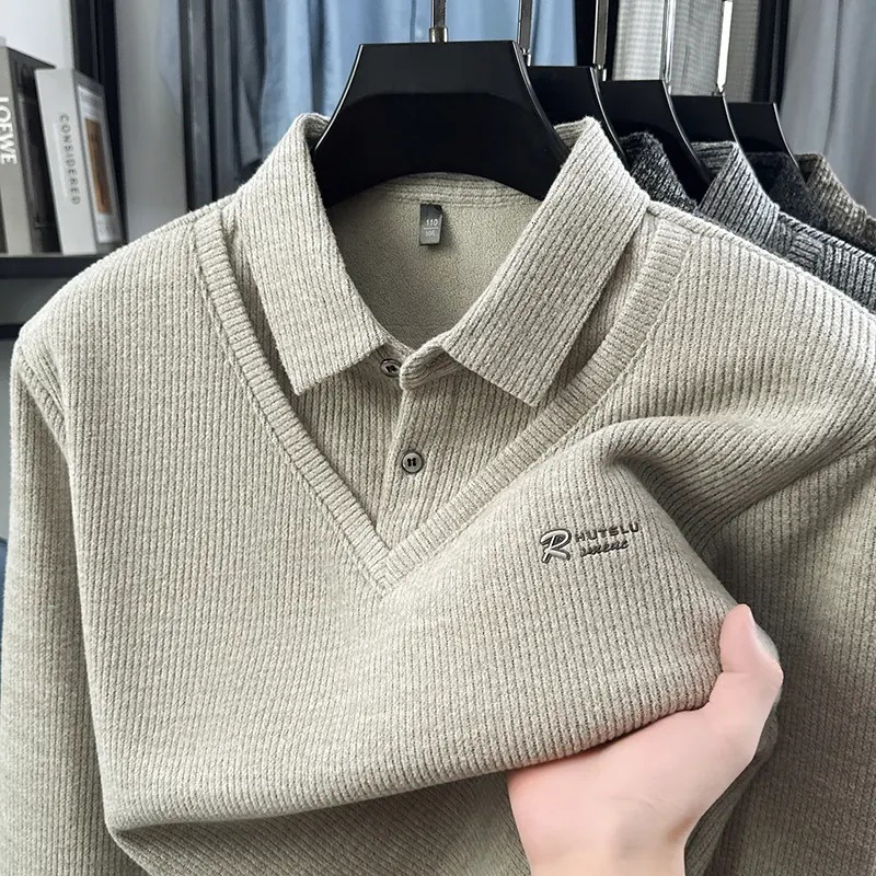 Designer New Polo shirt extra thick faux two piece knit sweater long sleeved for middle aged and elderly men winter style simple design with fleece
